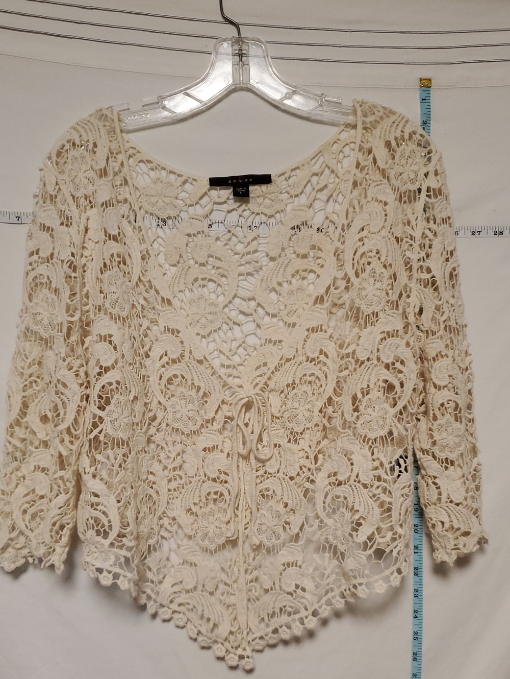 Fever Crochet Lace Tie-Front Crop Cardigan Cream Dress Topper Cottagecore Boho